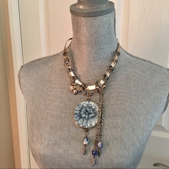 Sterling silver porcelain hanging necklace choker - Picture 5 of 12